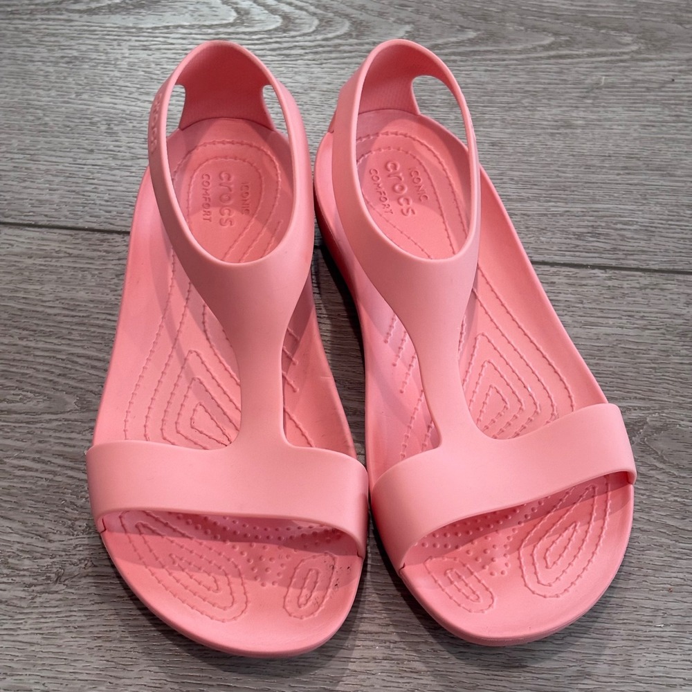 Crocs Serena Sandals Womens 9 Pink Slingback Strappy Comfort Flat Slides - Picture 2 of 6
